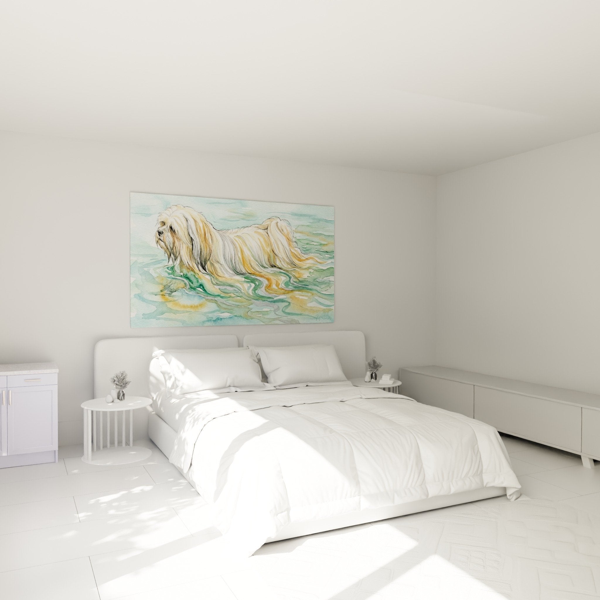 Tableau aquarelle Lhassa Apso dans chambre, décoration murale aux tons doux dorés et turquoise