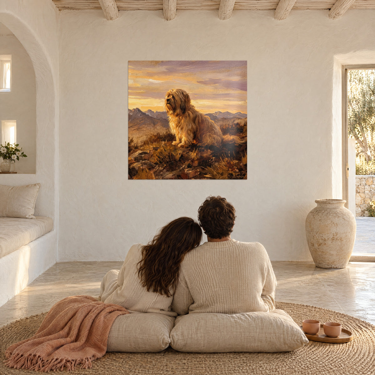Tableau peinture à l'huile d'un petit chien lion assis dans la lumière ambrée du couchant, vallée mauve et brune, couple enlacé de dos au salon