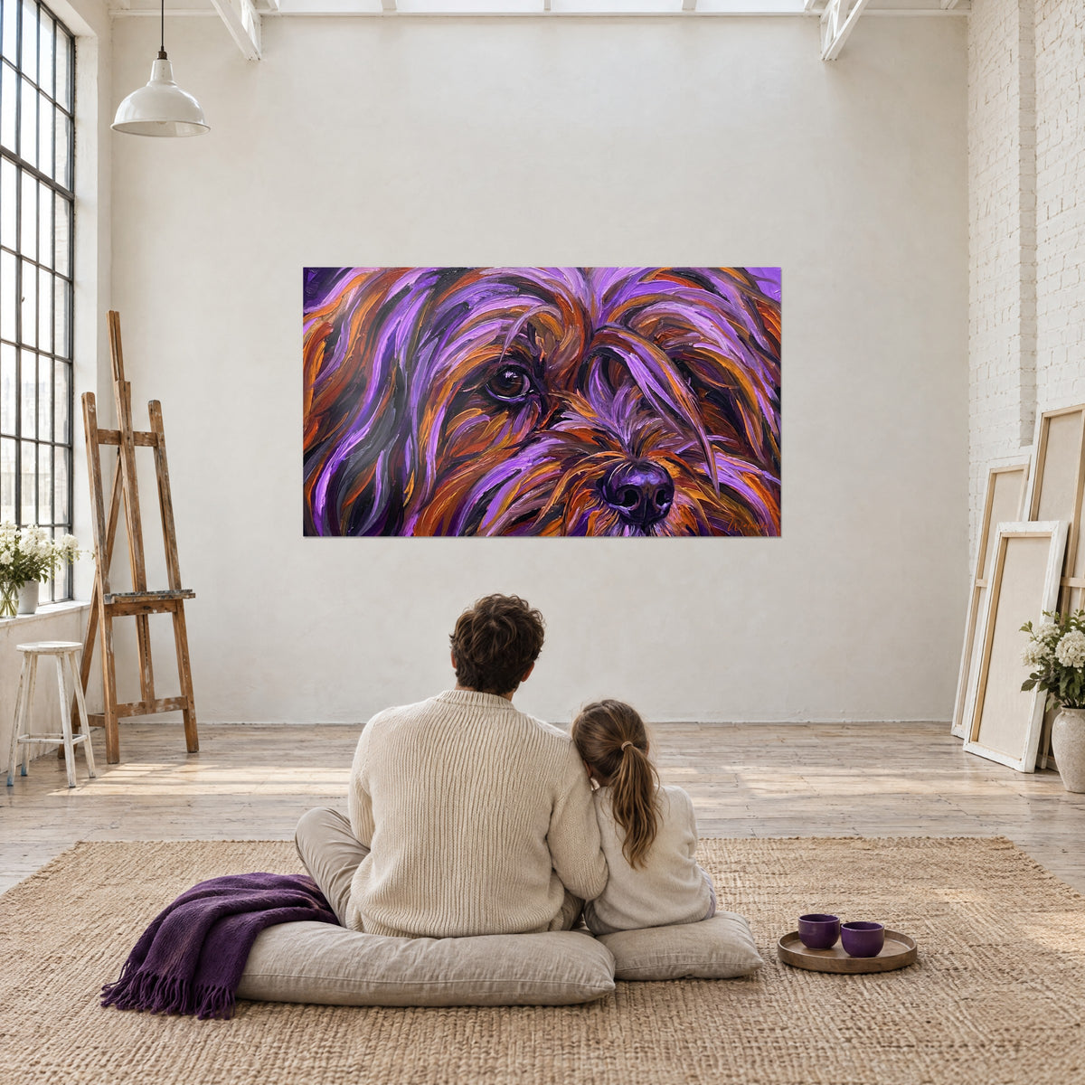 Quadro di un Lhasa Apso dal pelo lavanda e ambra, sguardo dolce, ammirato da una coppia seduta di spalle su un cuscino grigio
