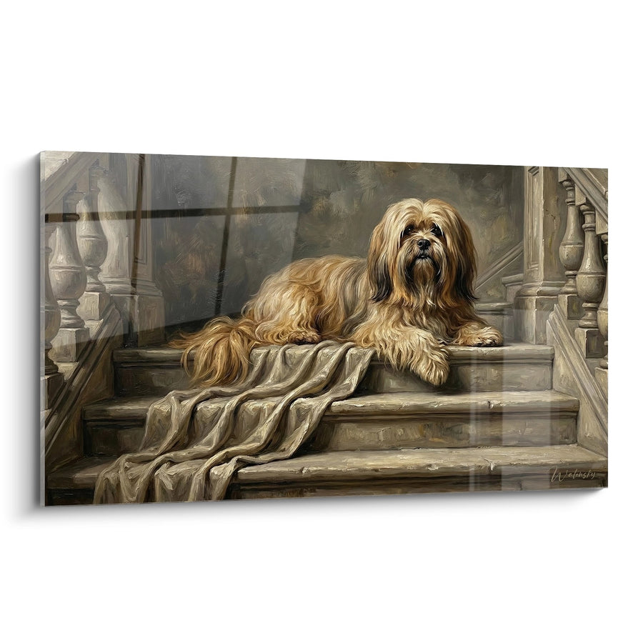 Tableau Lhassa Apso Doré sur Escalier de Pierre - Élégance Aristocratique - Edition Lhassa Apso