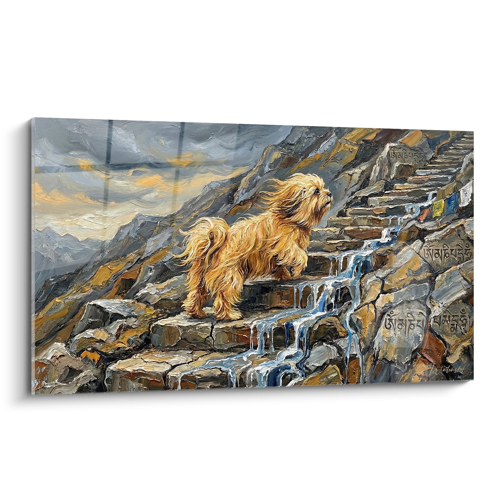 Tableau Lhassa Apso doré gravissant escaliers pierre tibétains avec cascade et inscriptions anciennes