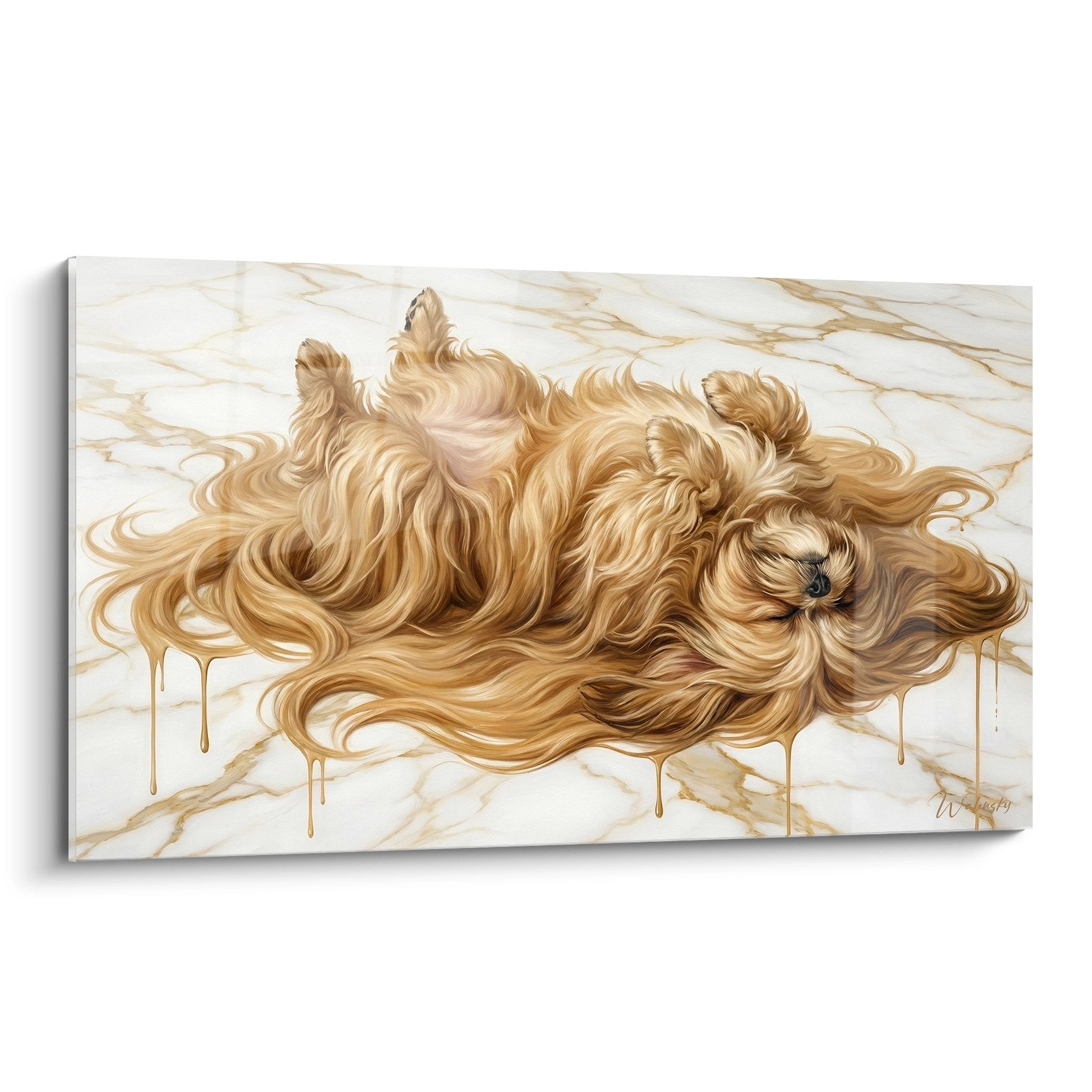 Tableau mural Lhassa Apso aux longs poils dorés fluides sur fond de marbre blanc veiné d'or avec effets de coulure