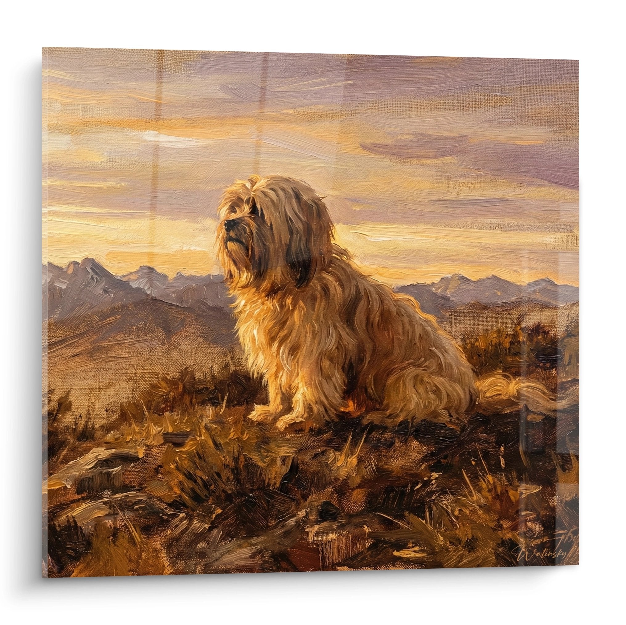 Tableau peinture Lhassa Apso pelage doré dans paysage montagneux au coucher de soleil tons chauds orangés