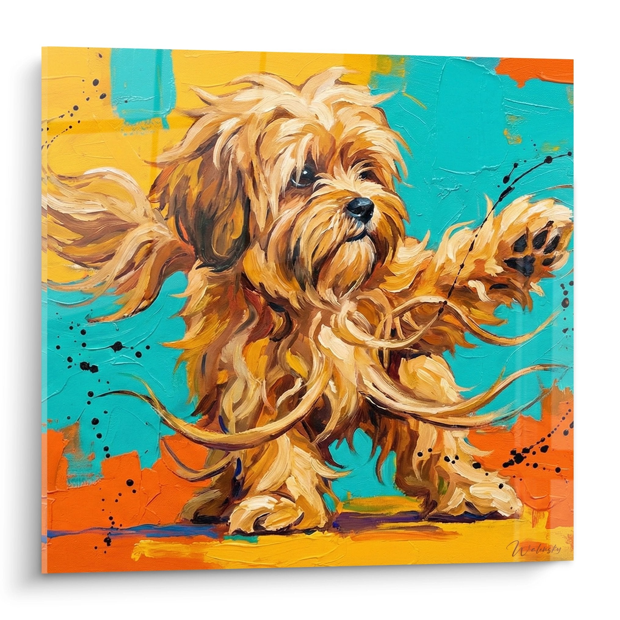 Tableau moderne Lhassa Apso aux poils dores flottants sur fond turquoise avec eclats orange et jaune