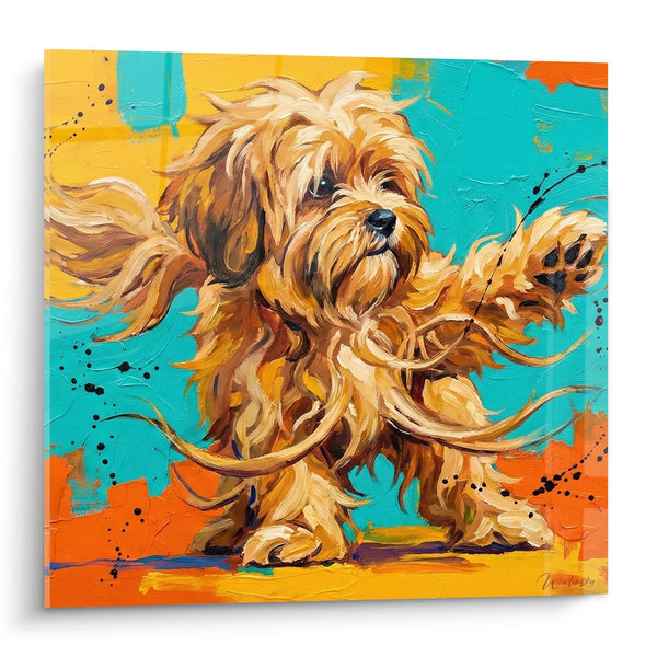 Tableau Chien Doré aux Poils Flottants sur Fond Turquoise - Mouvement Joyeux - Edition Lhassa Apso