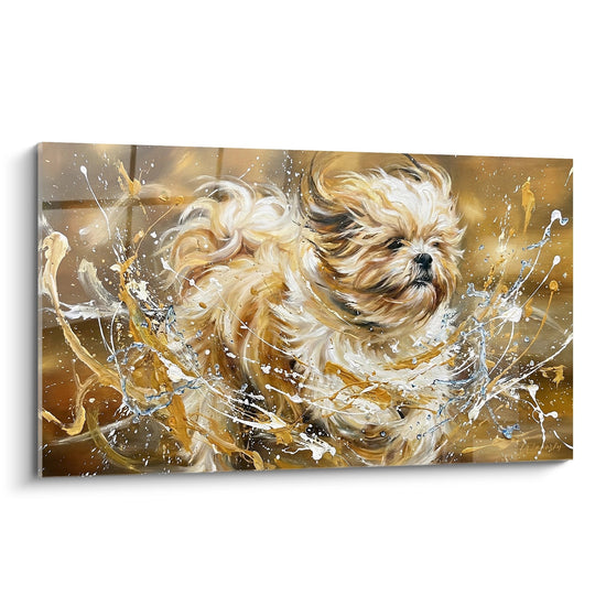 Tableau artistique Lhassa Apso aux poils dorés dans éclaboussures d'eau blanches sur fond ocre