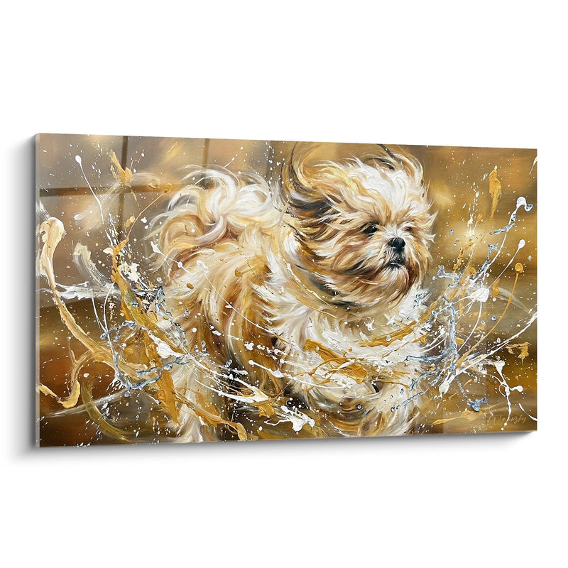 Gemälde Hund mit langen goldenen Haaren in Spritzern – Aquatische Dynamik – Lhassa Apso Edition