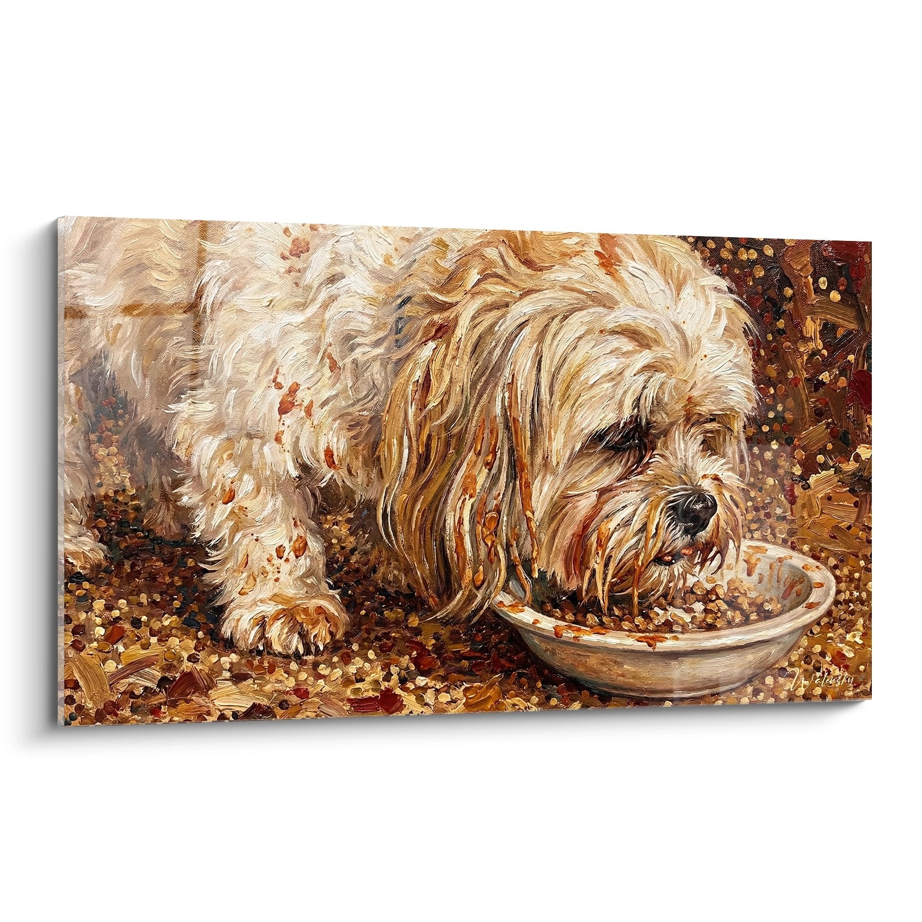 Tableau artistique d'un Lhassa Apso aux poils dorés mangeant dans un bol blanc avec éclaboussures dorées