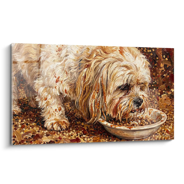 Tableau Chien à Poils Longs se Régalant dans un Bol - Gourmandise Artistique - Edition Lhassa Apso