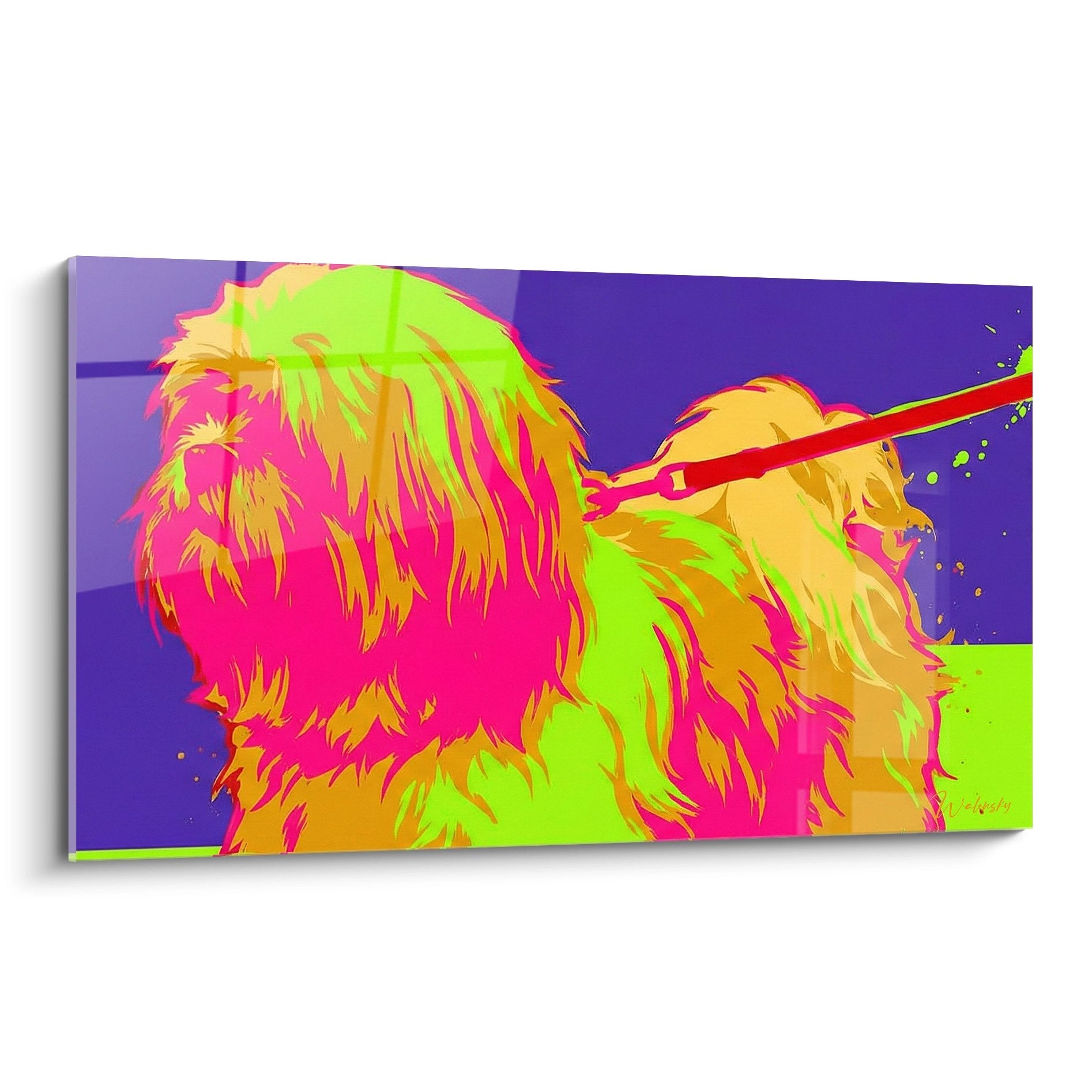 Tableau moderne Lhassa Apso aux couleurs neon rose vert orange avec pinceau rouge sur fond violet