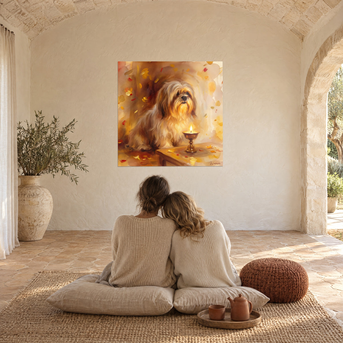 Πίνακας lhasa apso σε φθινοπωρινή ζωγραφική, κρεμ και καραμελέ τρίχα, ζωηρή φλόγα σε χρυσό κάλυκα, ζευγάρι από πίσω σε μαξιλάρια
