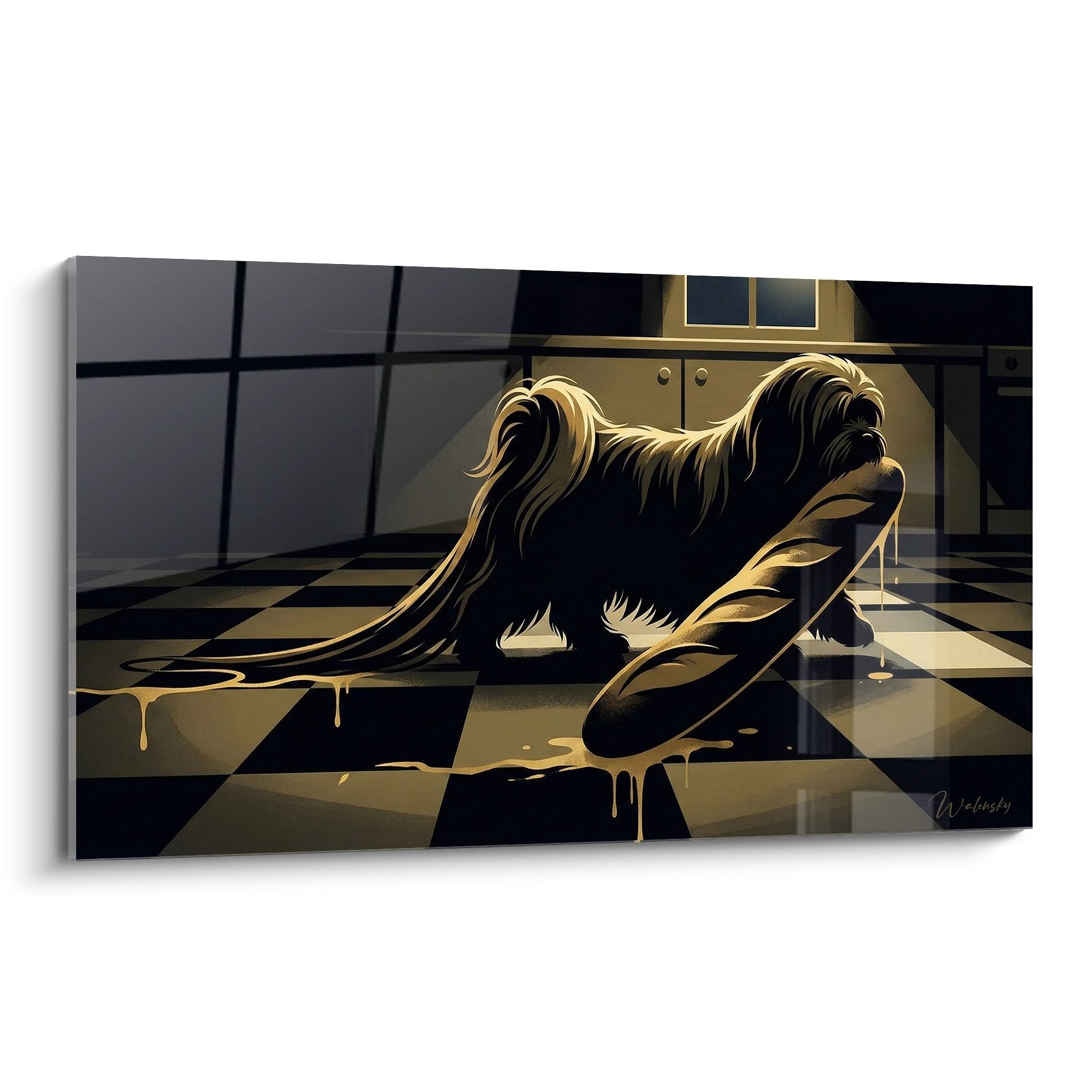 Tableau artistique Lhassa Apso noir avec reflets dorés liquides sur carrelage damier cuisine moderne