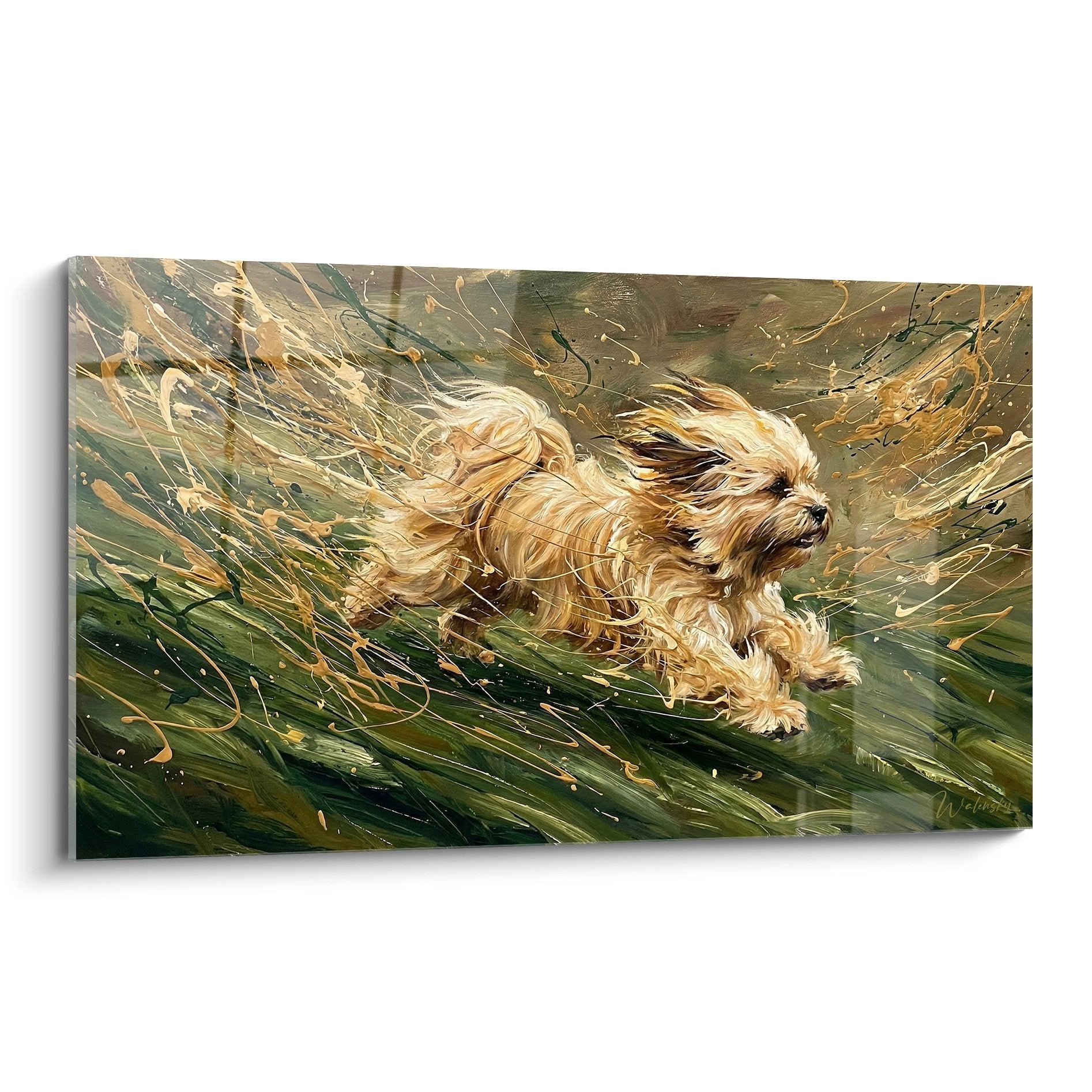 Tableau artistique Lhassa Apso doré bondissant dans tempête de couleurs vertes et ocre