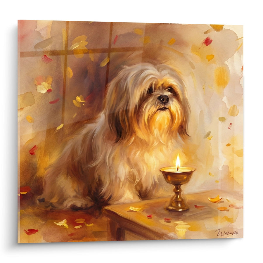 Tableau Chien aux Tons Dorés près d'une Chandelle - Lumière d'Automne - Edition Lhassa Apso