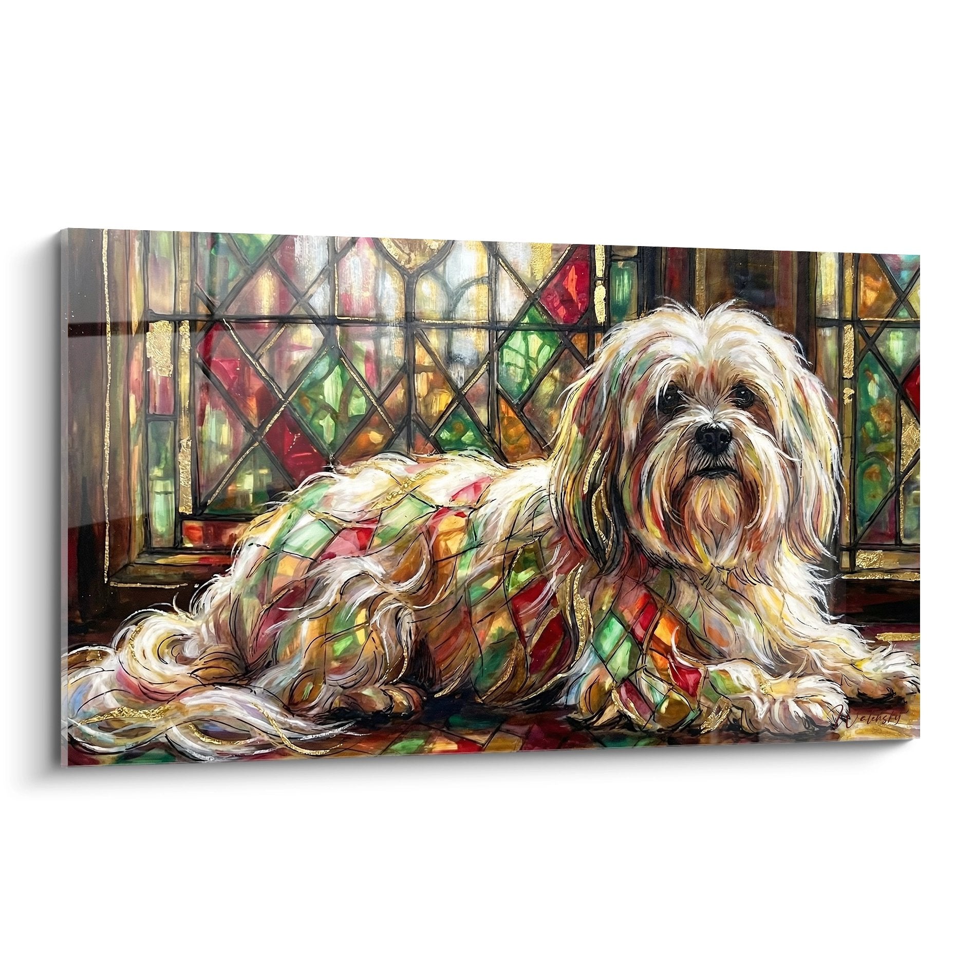 Tableau artistic lhassa apso pelage dore reflets vitraux multicolores rouge vert ambiance lumineuse contemplative