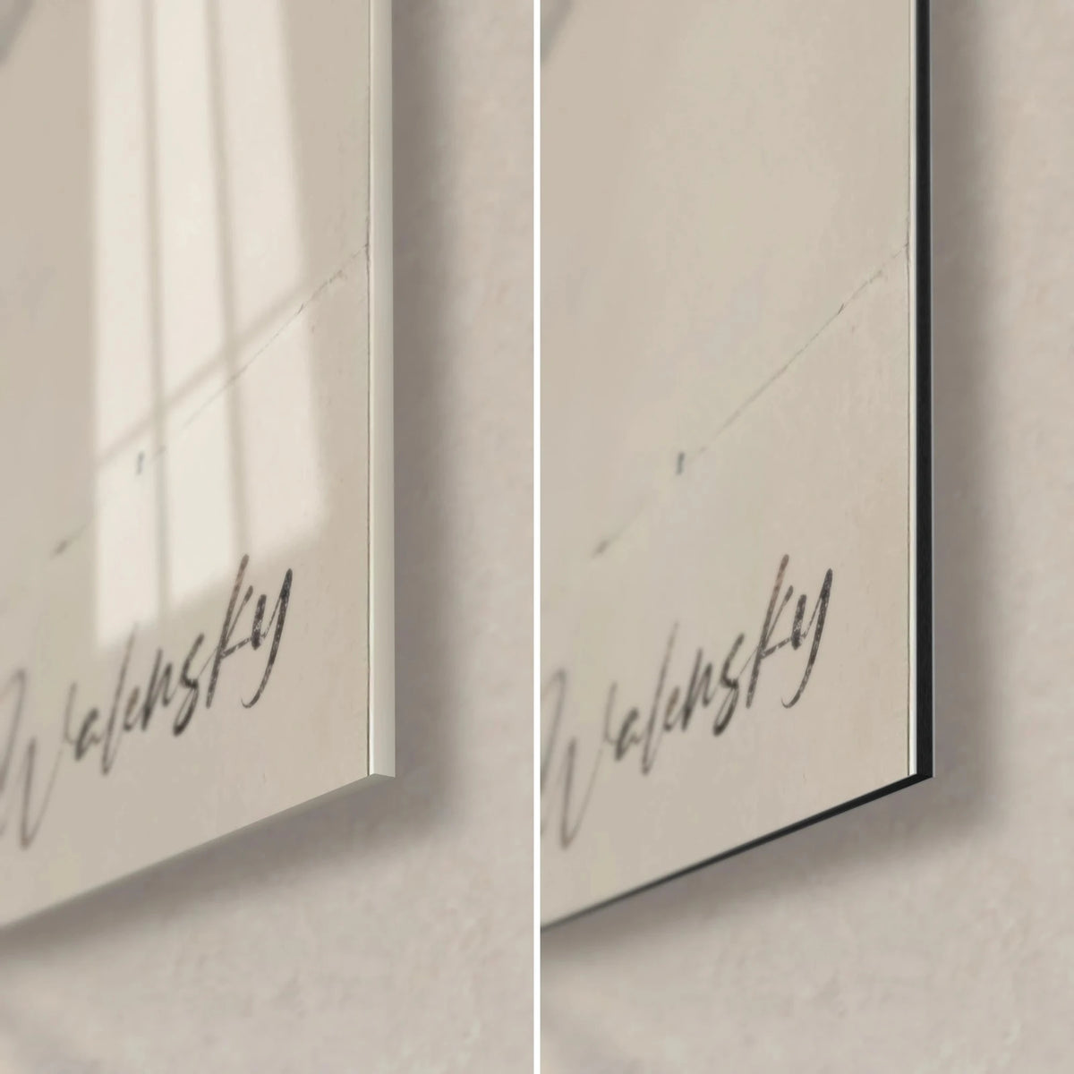 Tableau chêne d'encre noire et taches rosées, coin bas droit : signature Walensky, verre brillant à gauche, Dibond mat et tranche à droite