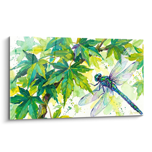 Cuadro de Libélula Azul-Verde y Hojas de Bonsái Arce en Acuarela - Sinfonía Vegetal - Edición Bonsái