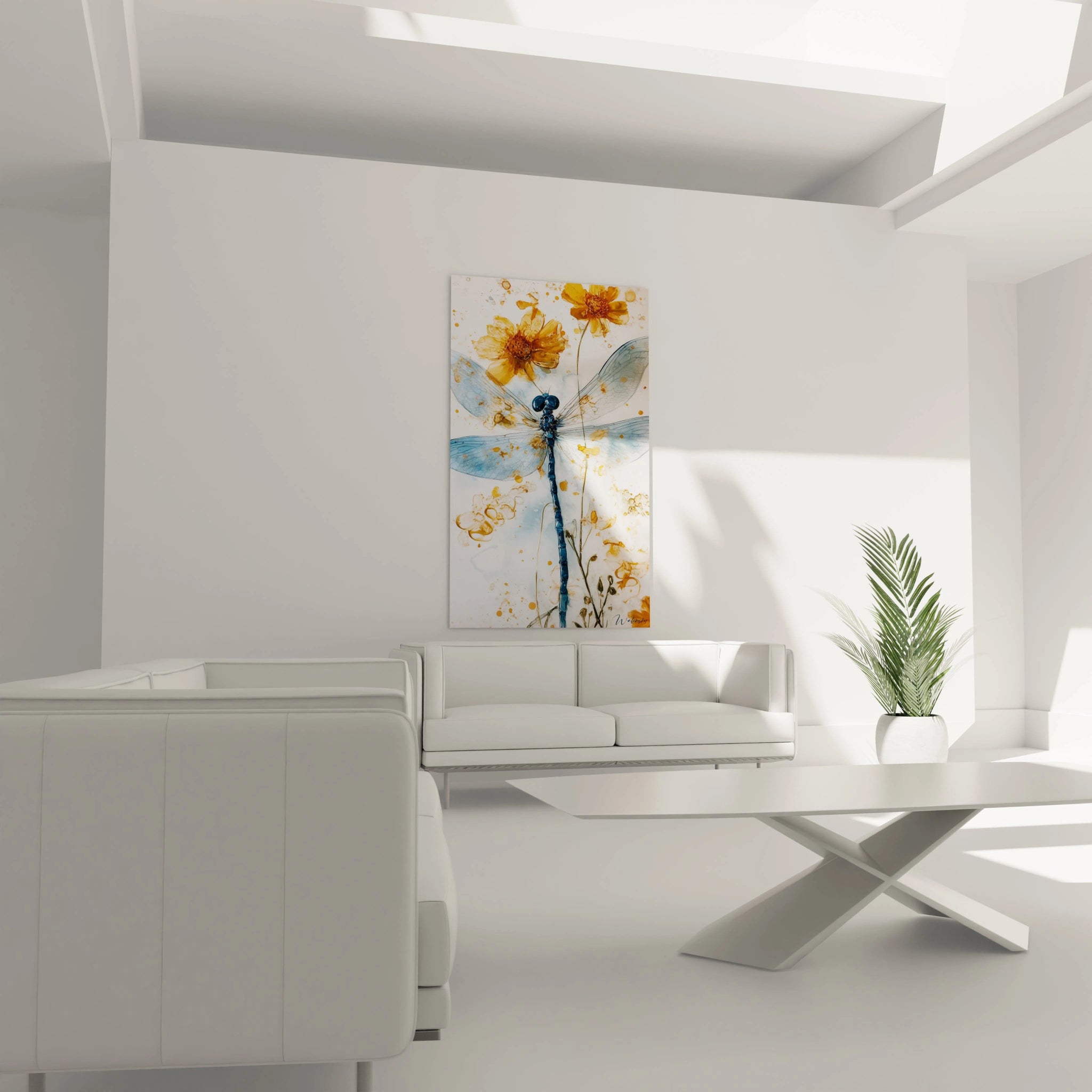 Un tableau libellule artistique présentant un spécimen central aux ailes bleu glacier et au corps bleu foncé, entouré de fleurs jaune ambré. Les effets d'encre fluide créent des textures éthérées sur fond blanc nacré.
