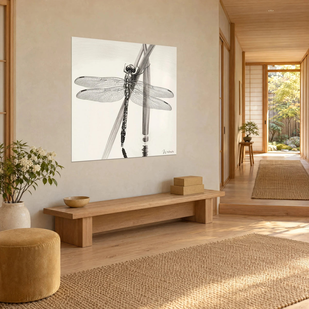 Wall art insect with translucent wings, segmented black and ivory abdomen, tilted reed stems, seen three-quarter view in a Japandi hallway