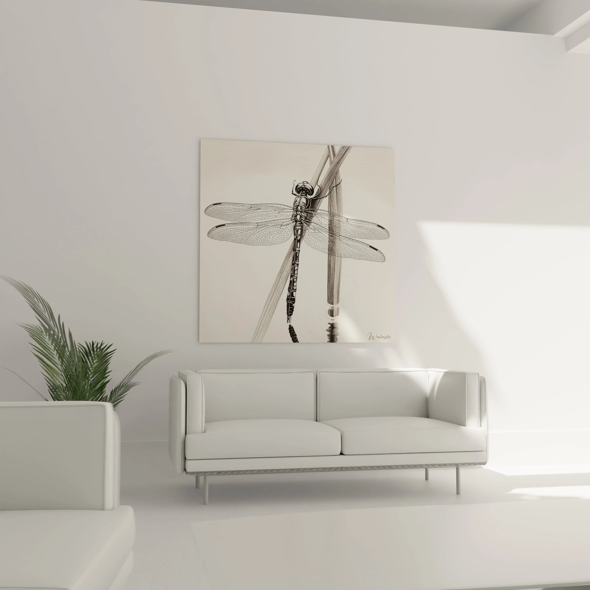 Tableau libellule de Walensky dans un salon minimaliste avec canapé blanc et plante verte