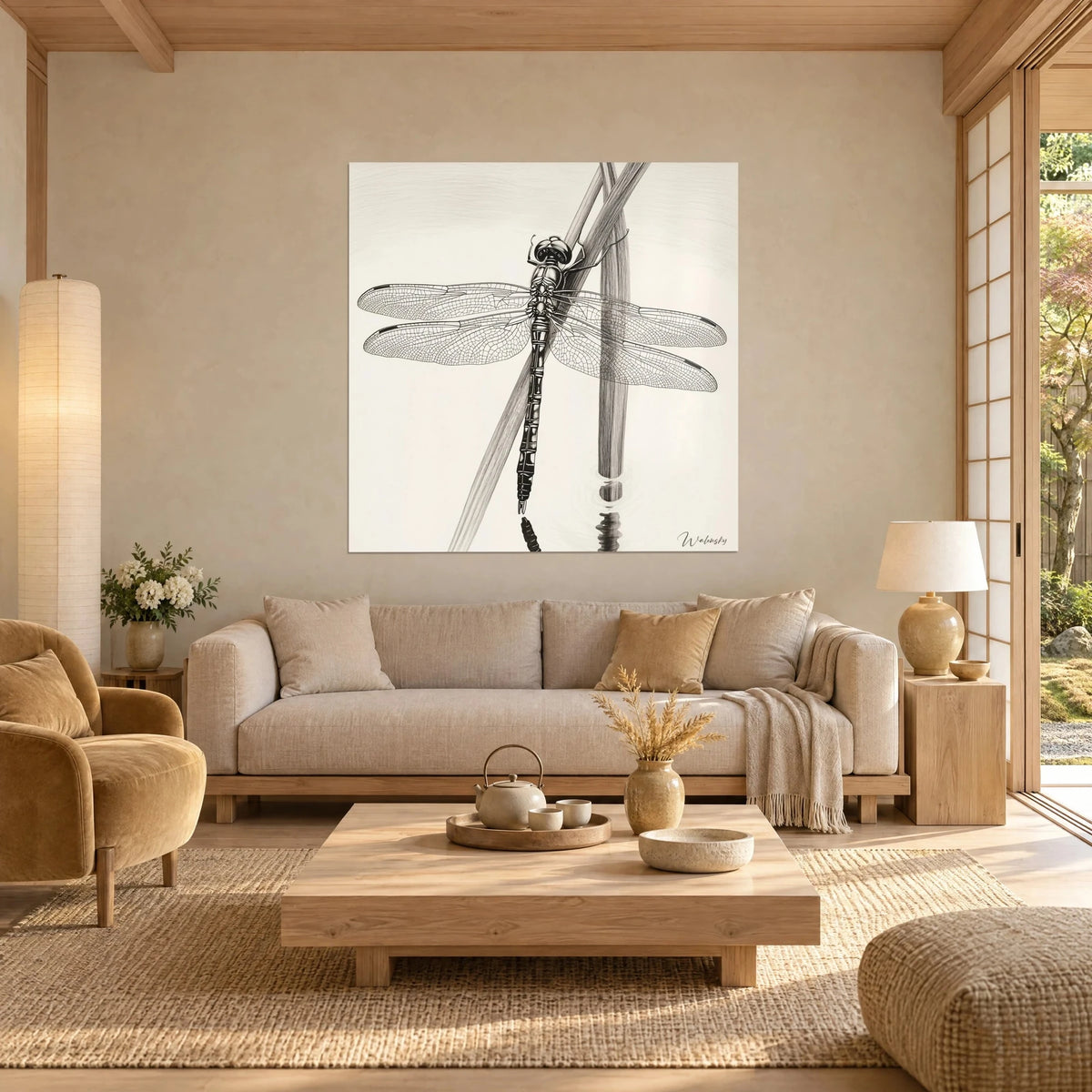 Wall art dragonfly with wings veined in black ink on a cream background, perched on a reed, above a sofa in a bright living room