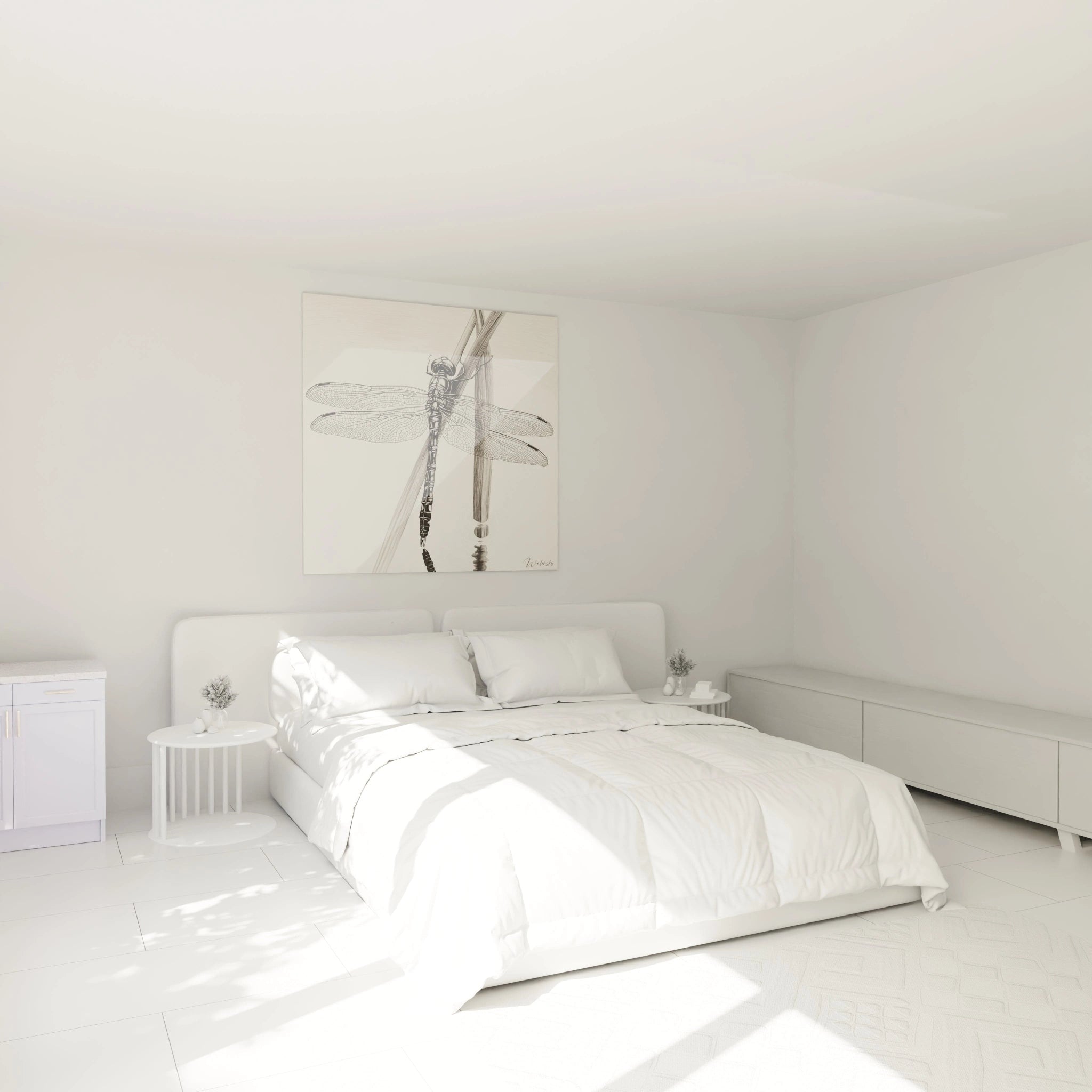 Tableau libellule Walensky accroché dans une chambre minimaliste blanche avec lit double et meubles modernes
