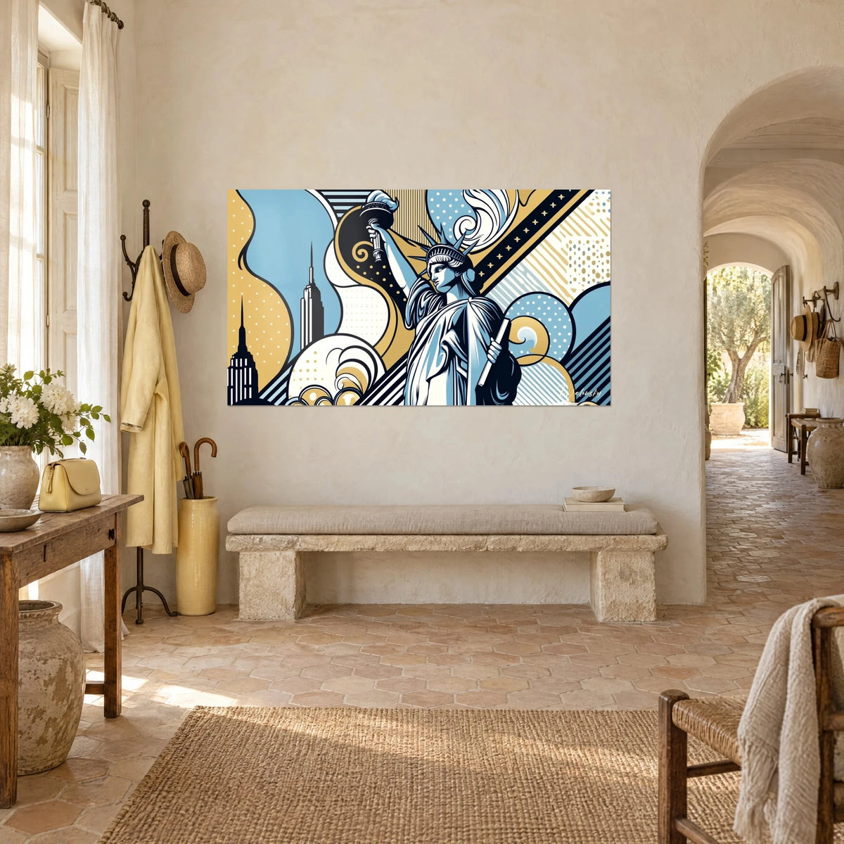 Gemälde Lady Liberty grafisch, Strahlenkrone, goldene Punktmuster und nachtblaue Streifen, gekalkte Wand eines provenzalischen Landhauses