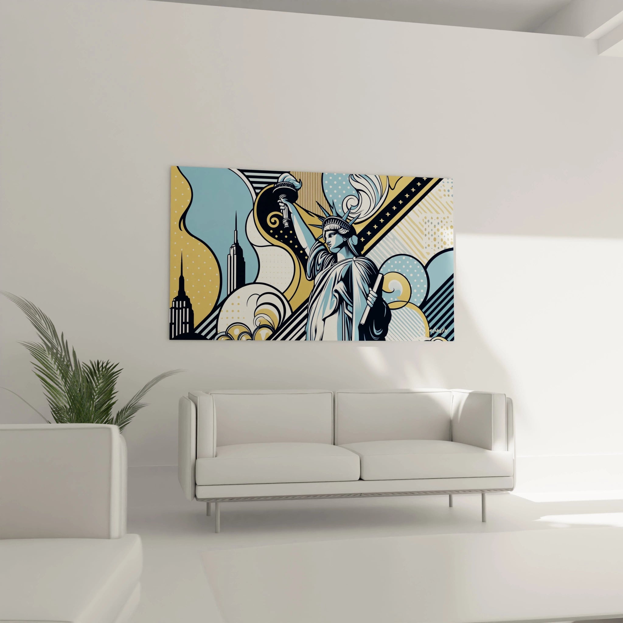 "Salon contemporain avec tableau en verre acrylique Pop Art / Rétro suspendu au-dessus du canapé. Art mural coloré et dynamique pour décoration intérieure de salon."