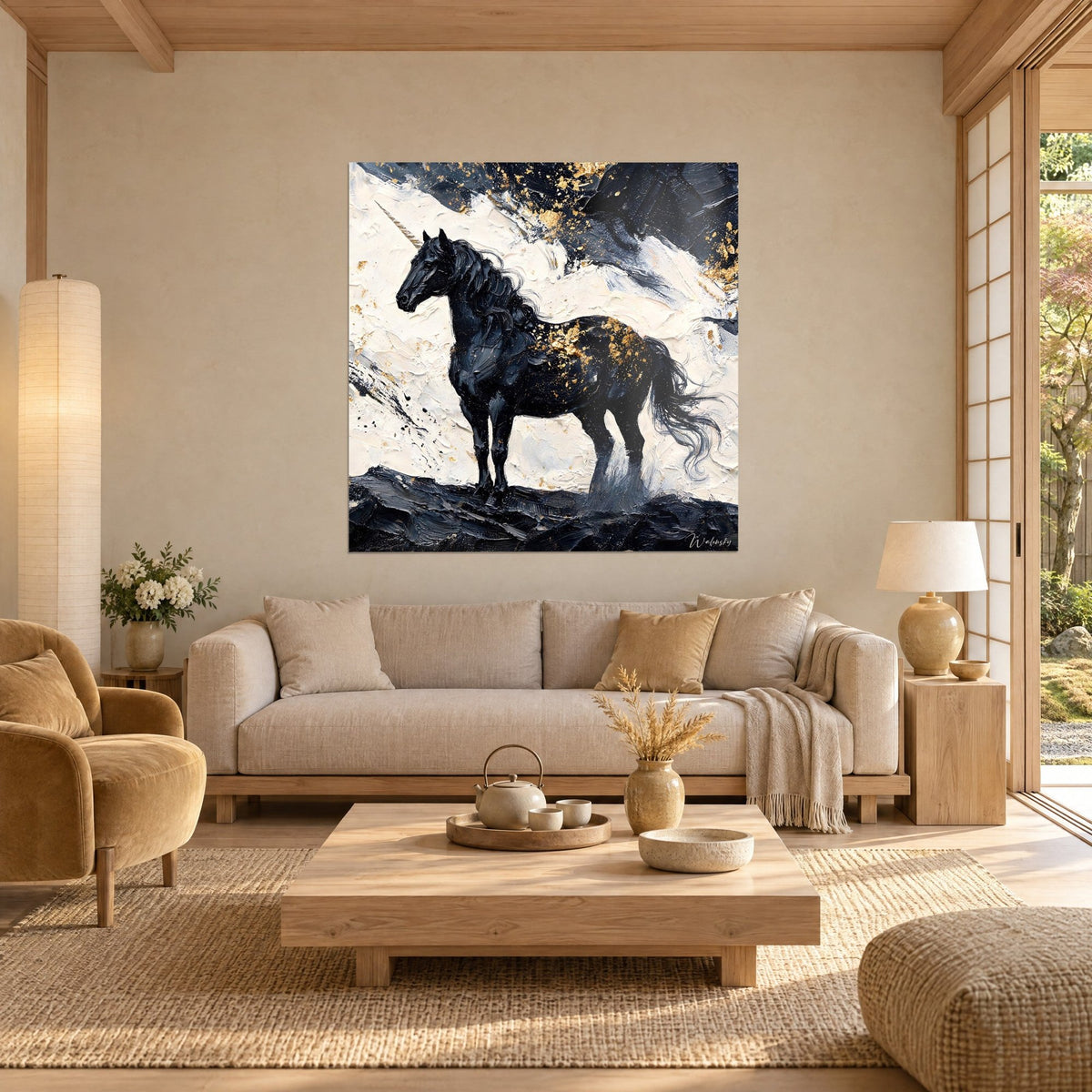 Gemälde Einhorn in Tinte Schwarz mit goldenen Funken, wallende Mähne auf cremefarbenem pastosem Grund, über einem Sofa in einem hellen Wohnzimmer