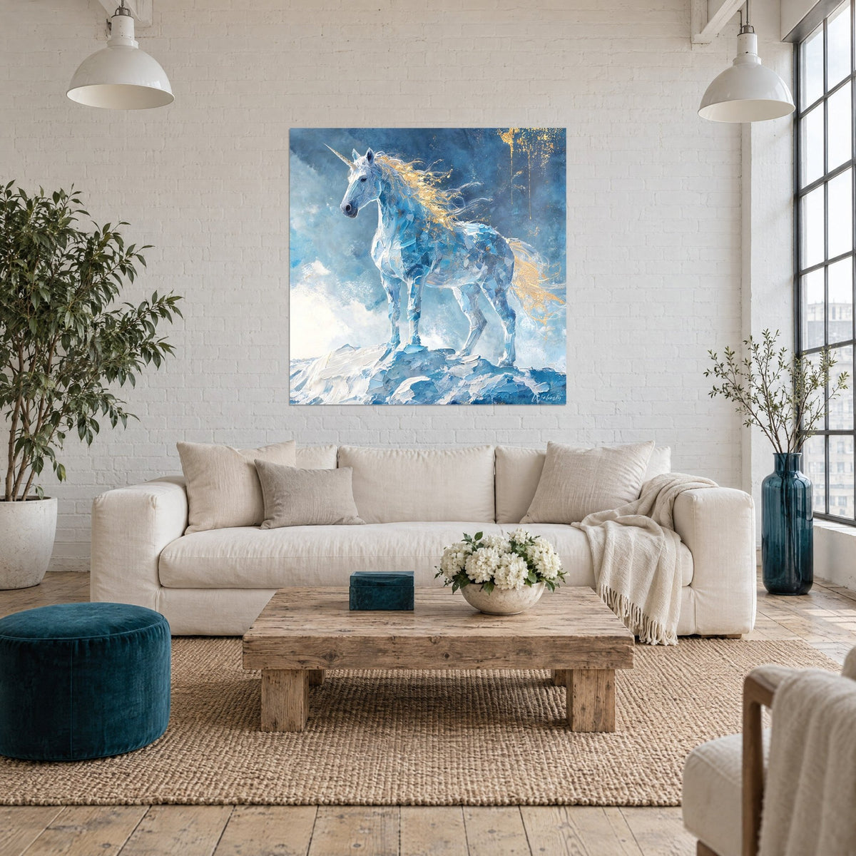 Quadro unicorno cristallino dalla criniera dorata, abito azzurro ghiaccio e bianco, su una roccia innevata, sopra un divano in un soggiorno luminoso