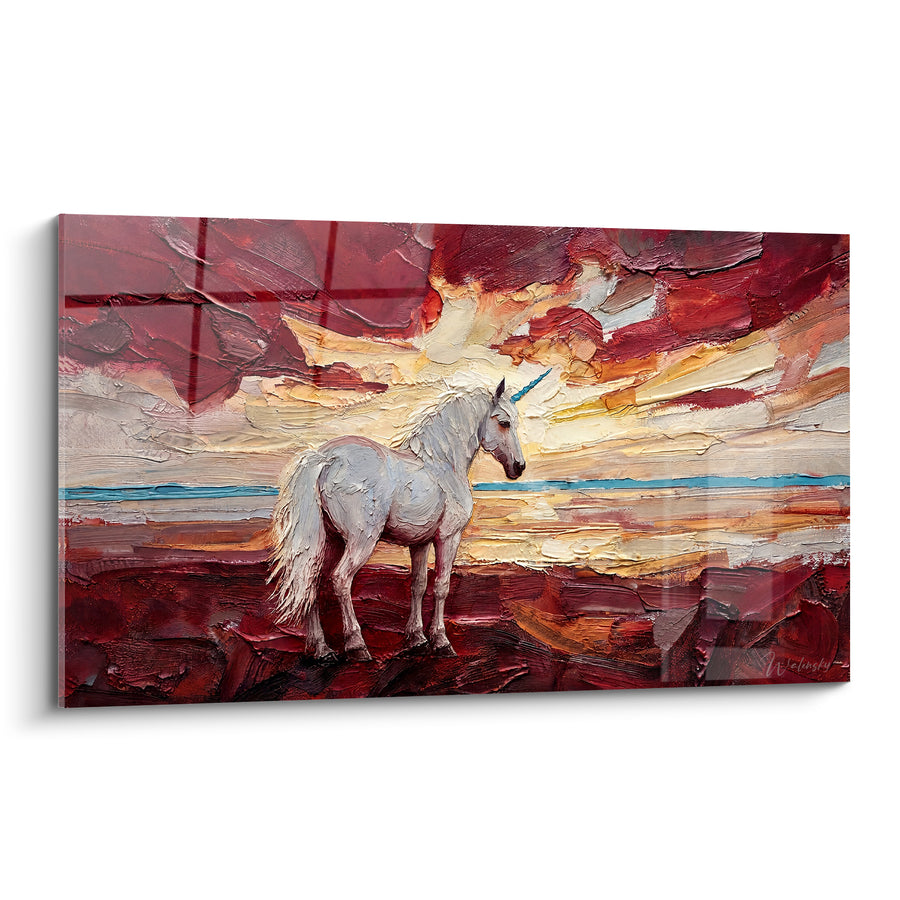 Tableau Licorne blanche corne bleue crépuscule pourpre - Veillée céleste - Edition Licorne