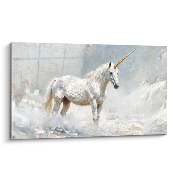 Tableau Licorne blanche et dorée dans la brume - Empâtements neigeux - Edition Licorne