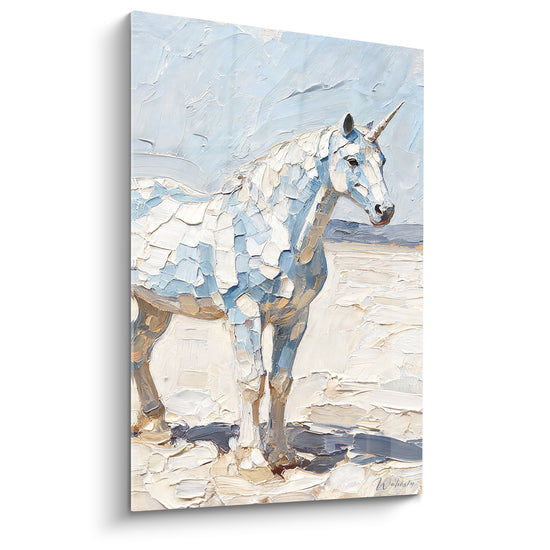 Tableau Licorne blanche aux reflets bleu pastel - Apparition silencieuse - Edition Licorne