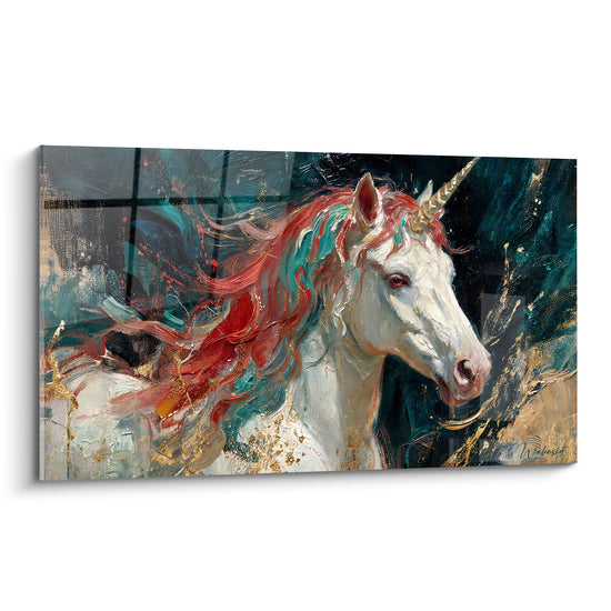 Tableau Licorne blanche à crinière rouge et sarcelle - Souffle mythique - Edition Licorne