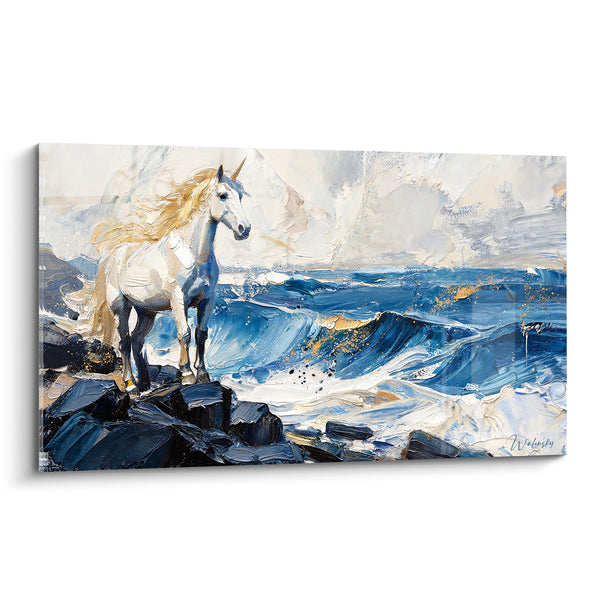 Tableau Licorne blanche crinière dorée face aux vagues - Veille océanique - Edition Licorne