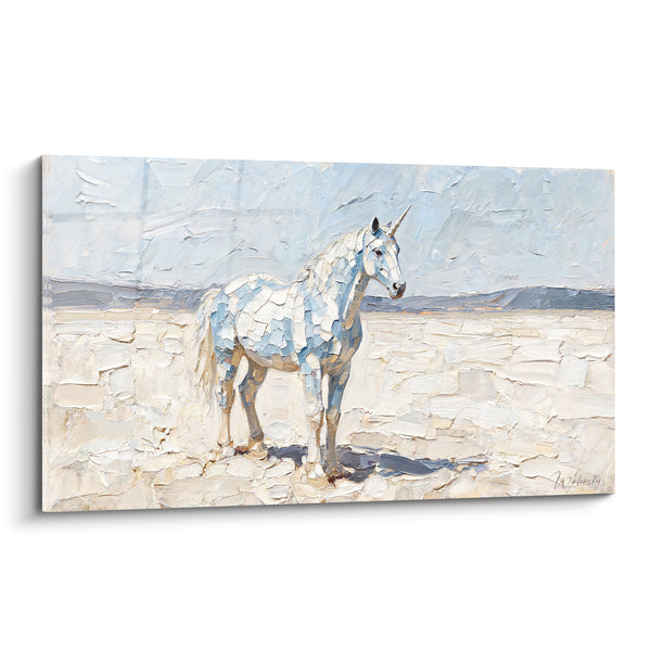 Tableau Licorne blanche et bleu pâle dans un désert - Solitude immaculée - Edition Licorne