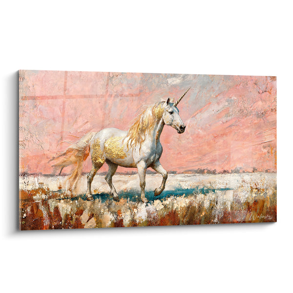 Tableau Licorne blanche et rose dorée - Marche onirique - Edition Licorne