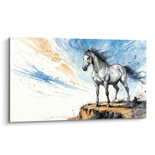 Tableau Licorne blanche au promontoire bleu et ocre - Veille au sommet - Edition Licorne