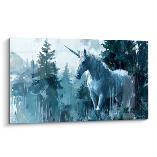 Tableau Licorne blanche dans une forêt bleutée - Apparition féerique - Edition Licorne