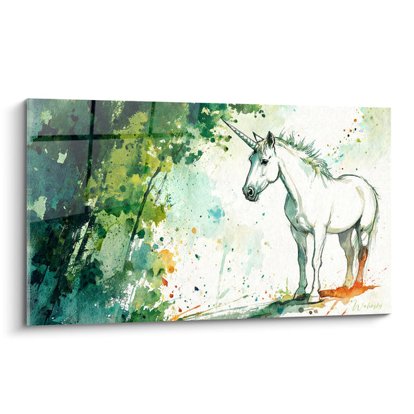 Tableau Licorne blanche aux éclaboussures vertes et orangées - Apparition sylvestre - Edition Licorne