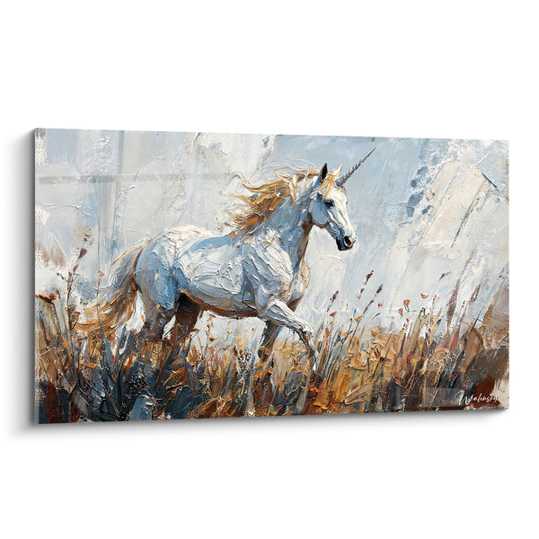 Tableau Licorne blanche aux herbes dorées - Traversée féerique - Edition Licorne