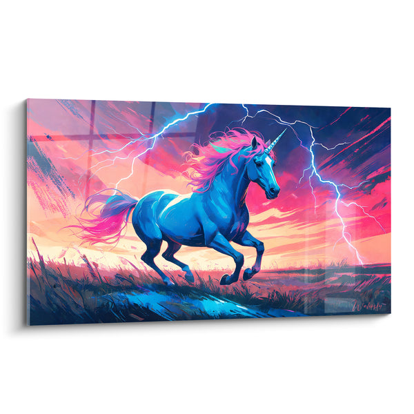 Tableau Licorne bleue à crinière rose fuchsia - Galop électrique - Edition Licorne