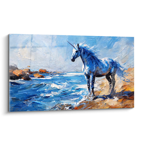 Tableau Licorne bleue sur rivage ocre - Veille au rivage - Edition Licorne