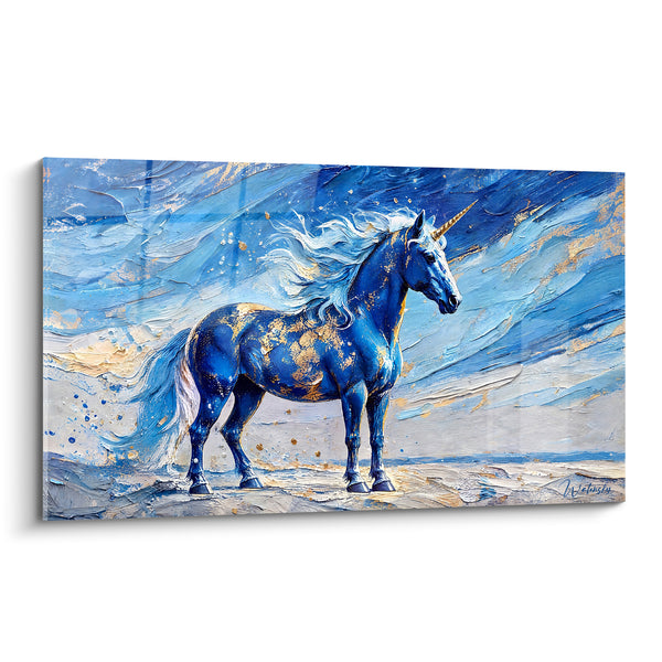 Tableau Licorne bleue et dorée sur neige mouchetée - Empâtements à la spatule - Edition Licorne