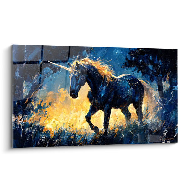 Tableau Licorne bleu nuit et doré en forêt - Apparition nocturne - Edition Licorne