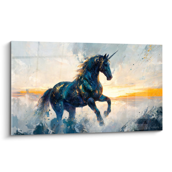 Schilderij Eenhoorn blauwnacht en goudrennend - Zonsopkomst Legendaris - Editie Eenhoorn