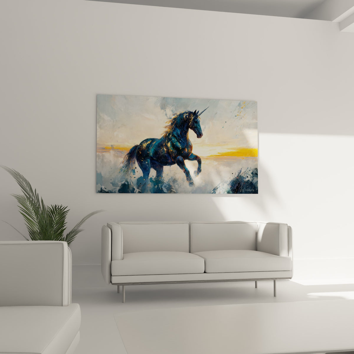 Licorne bleu nuit surgissant d'une brume orangée, au-dessus d'un canapé dans un salon lumineux.
