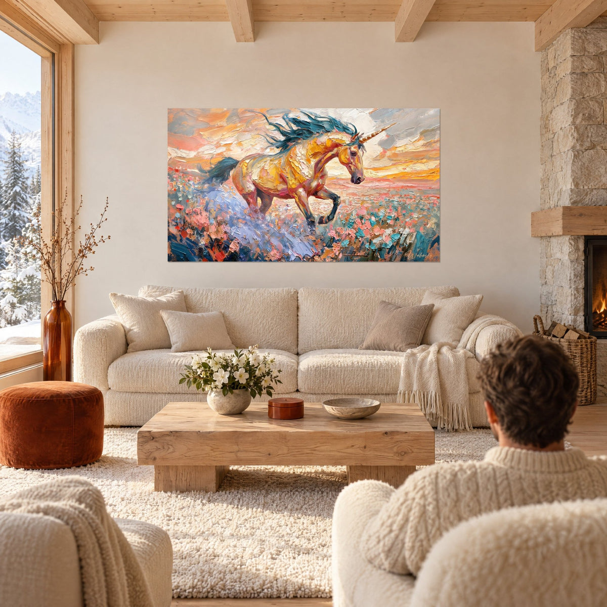 Quadro unicorno dorato al galoppo, criniera blu petrolio e fiori corallo, coppia di spalle sopra un divano in un soggiorno luminoso