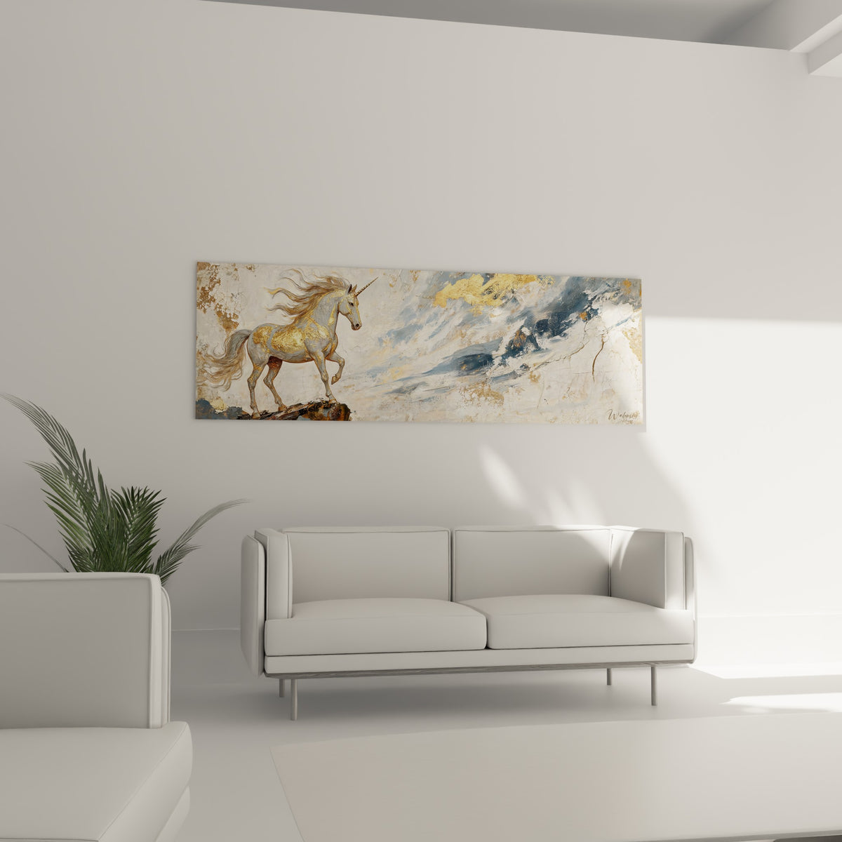 Animal mythique blanc aux reflets dorés au-dessus d'un canapé dans un salon lumineux