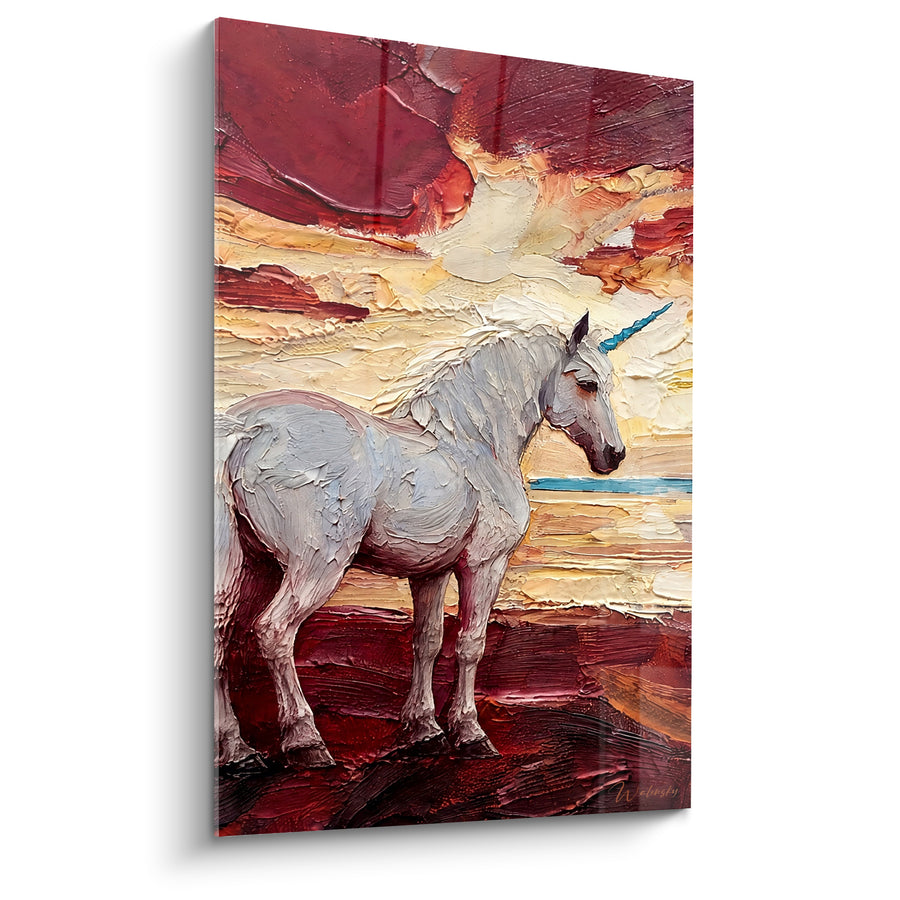 Tableau Licorne blanche corne turquoise sur fond bordeaux - Veille sous un ciel ardent - Edition Licorne